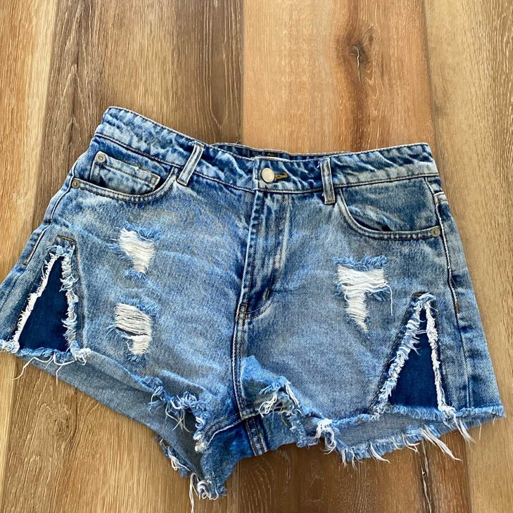 Mango Distressed Denim Jean Shorts Raw Edges Festival US 8